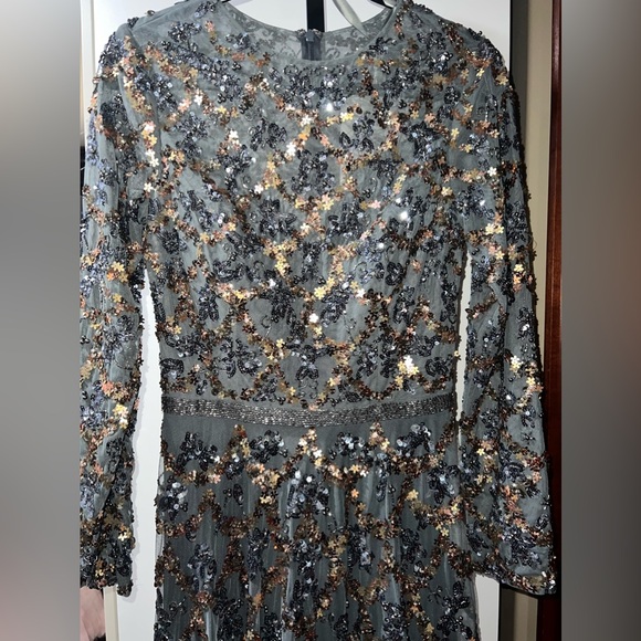 Lattice sequined illusion neckline long sleeve A-line gown - Picture 8 of 12